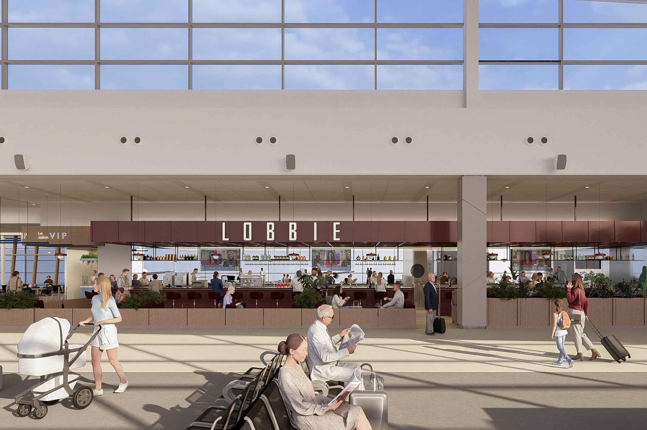 Rendu du bar Lobbie et de son comptoir dans l’aérogare de Québec (YQB), avec espaces assis et ambiance conviviale.